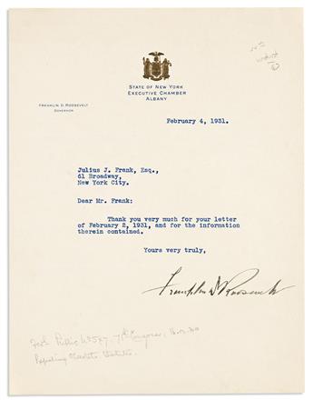 ROOSEVELT, FRANKLIN D. Group of 4 Typed Letters Signed, to various recipients,